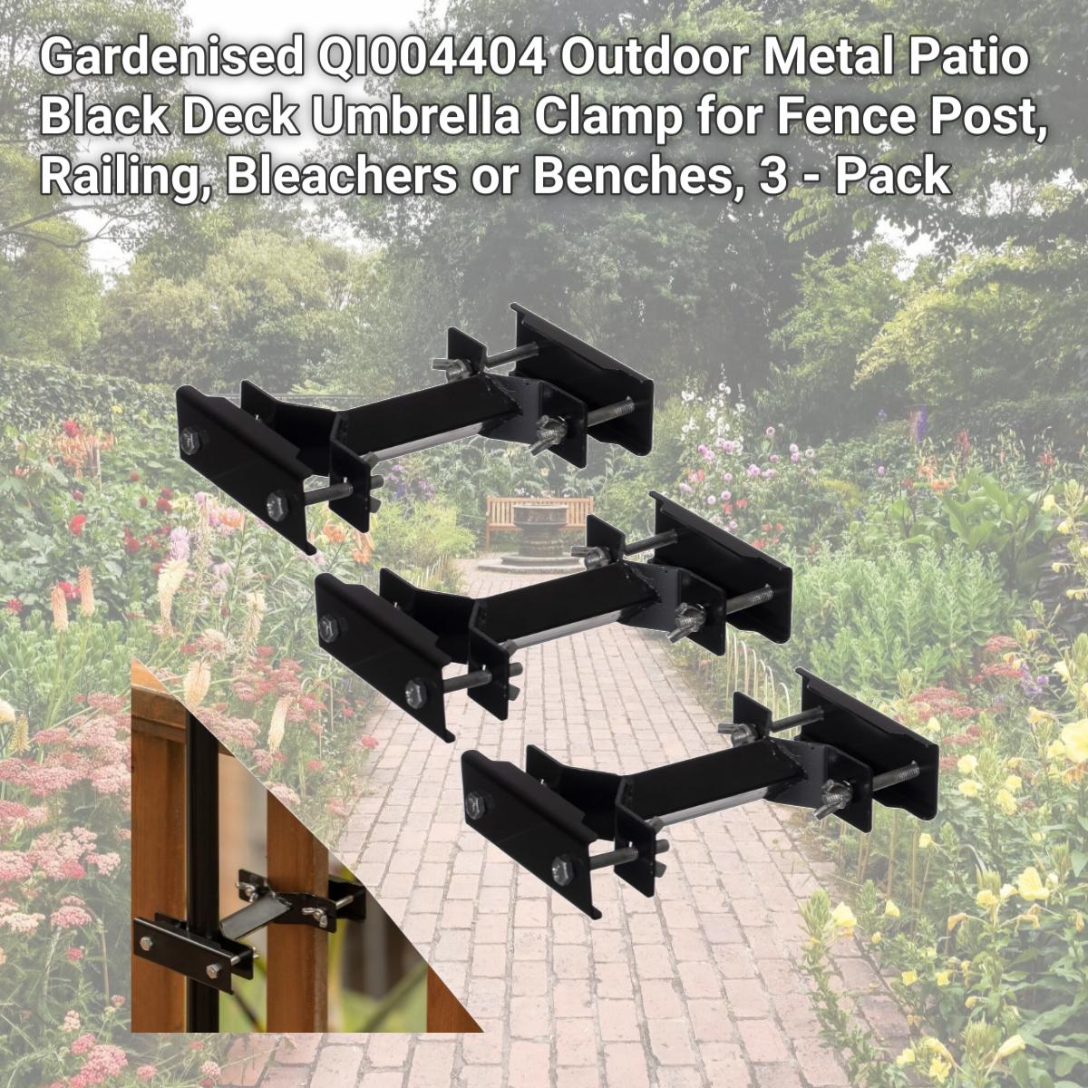 Picture of Gardenised QI004404 Outdoor Metal Patio Black Deck Umbrella Clamp for Fence Post, Railing, Bleachers or Benches, 3 - Pack