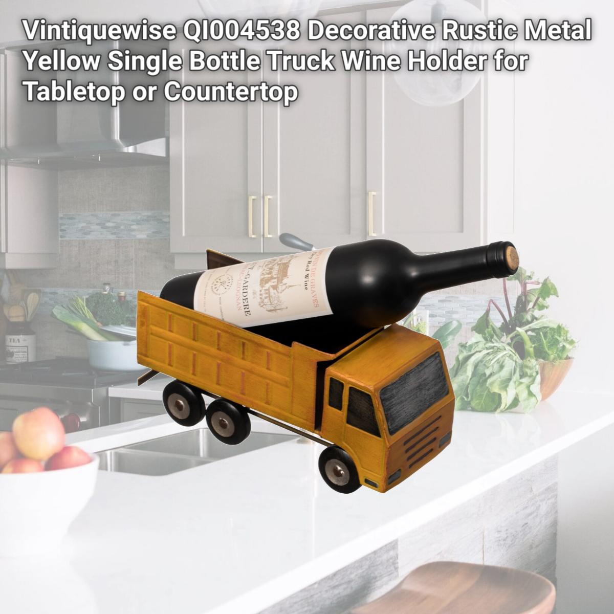Picture of Vintiquewise QI004538 Decorative Rustic Metal Yellow Single Bottle Truck Wine Holder for Tabletop or Countertop