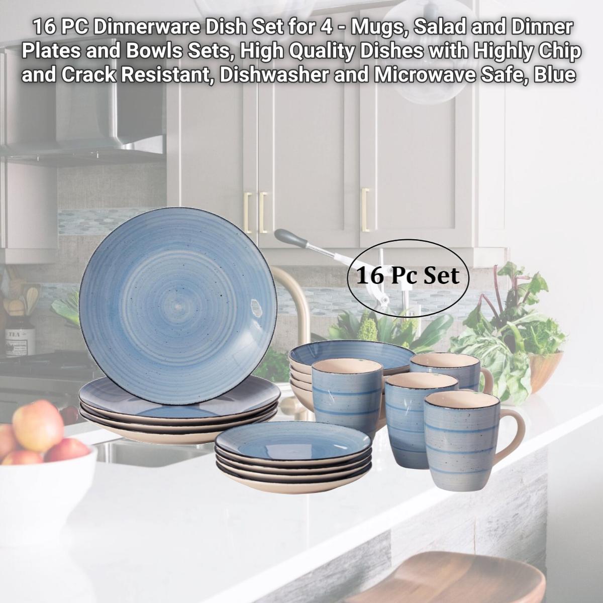 Picture of Quickway Imports QI004502.BL 16 PC Dinnerware Dish Set for 4 - Mugs, Salad and Dinner Plates and Bowls Sets, High Quality Dishes with Highly Chip and Crack Resistant, Dishwasher and Microwave Safe, Blue