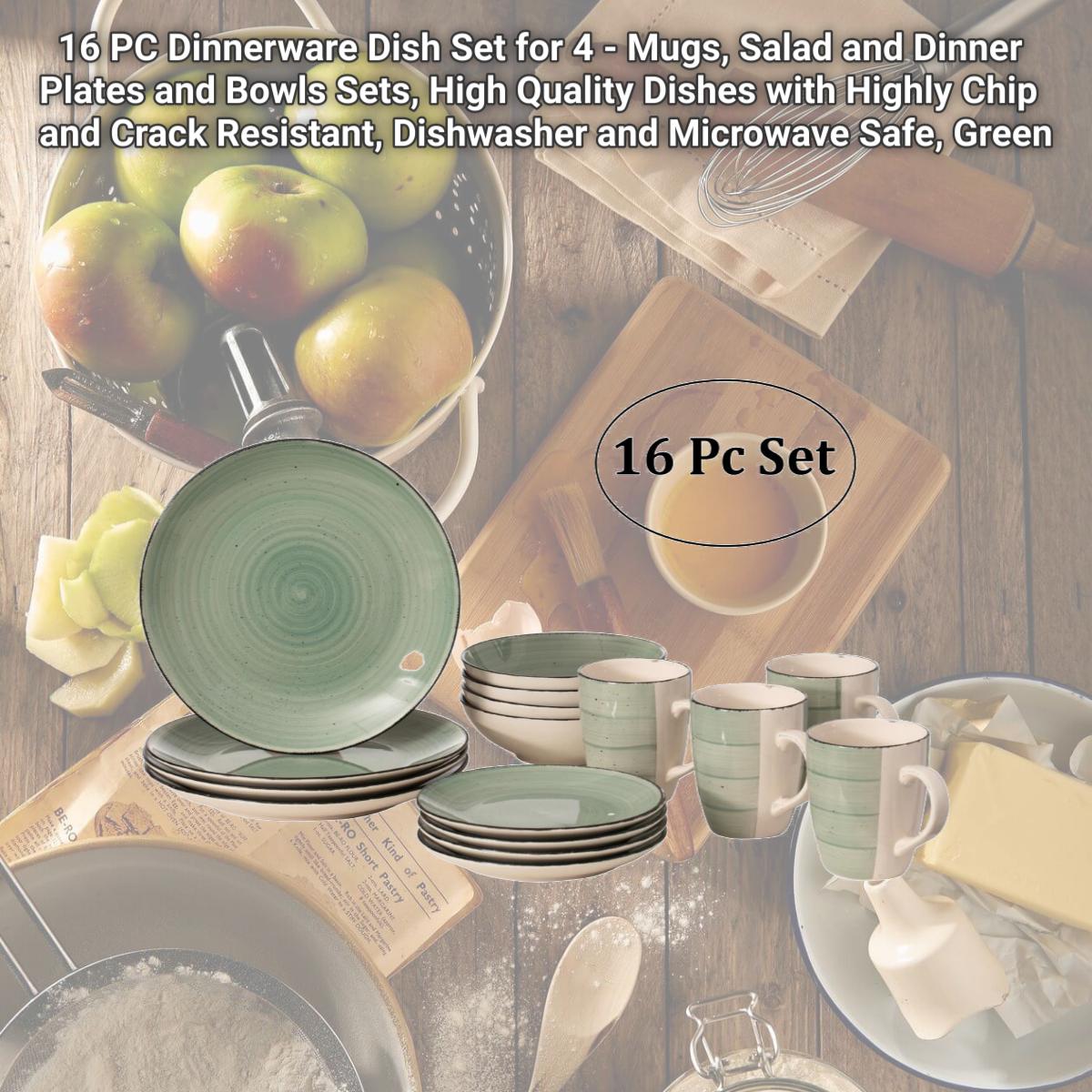 Picture of Quickway Imports QI004502.GN 16 PC Dinnerware Dish Set for 4 - Mugs, Salad and Dinner Plates and Bowls Sets, High Quality Dishes with Highly Chip and Crack Resistant, Dishwasher and Microwave Safe, Green