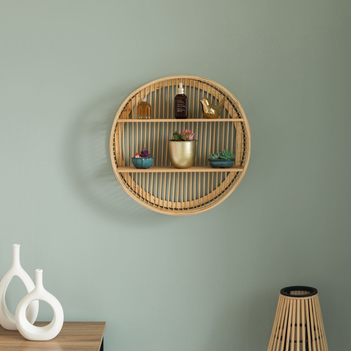 Picture of Vintiquewise QI004514 Decorative Rattan Round Display Shelf With 2 Shelves for The Dining Room, Living Room, or Office.