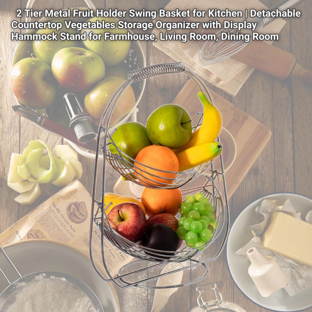 Picture of Basicwise QI004474 2 Tier Metal Fruit Holder Swing Basket for Kitchen | Detachable Countertop Vegetables Storage Organizer with Display Hammock Stand for Farmhouse, Living Room, Dining Room