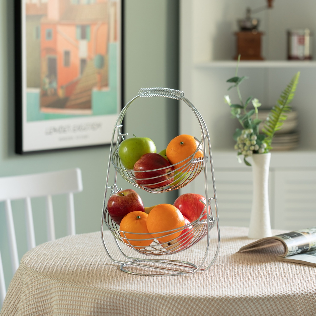 Picture of Basicwise QI004474 2 Tier Metal Fruit Holder Swing Basket for Kitchen | Detachable Countertop Vegetables Storage Organizer with Display Hammock Stand for Farmhouse, Living Room, Dining Room