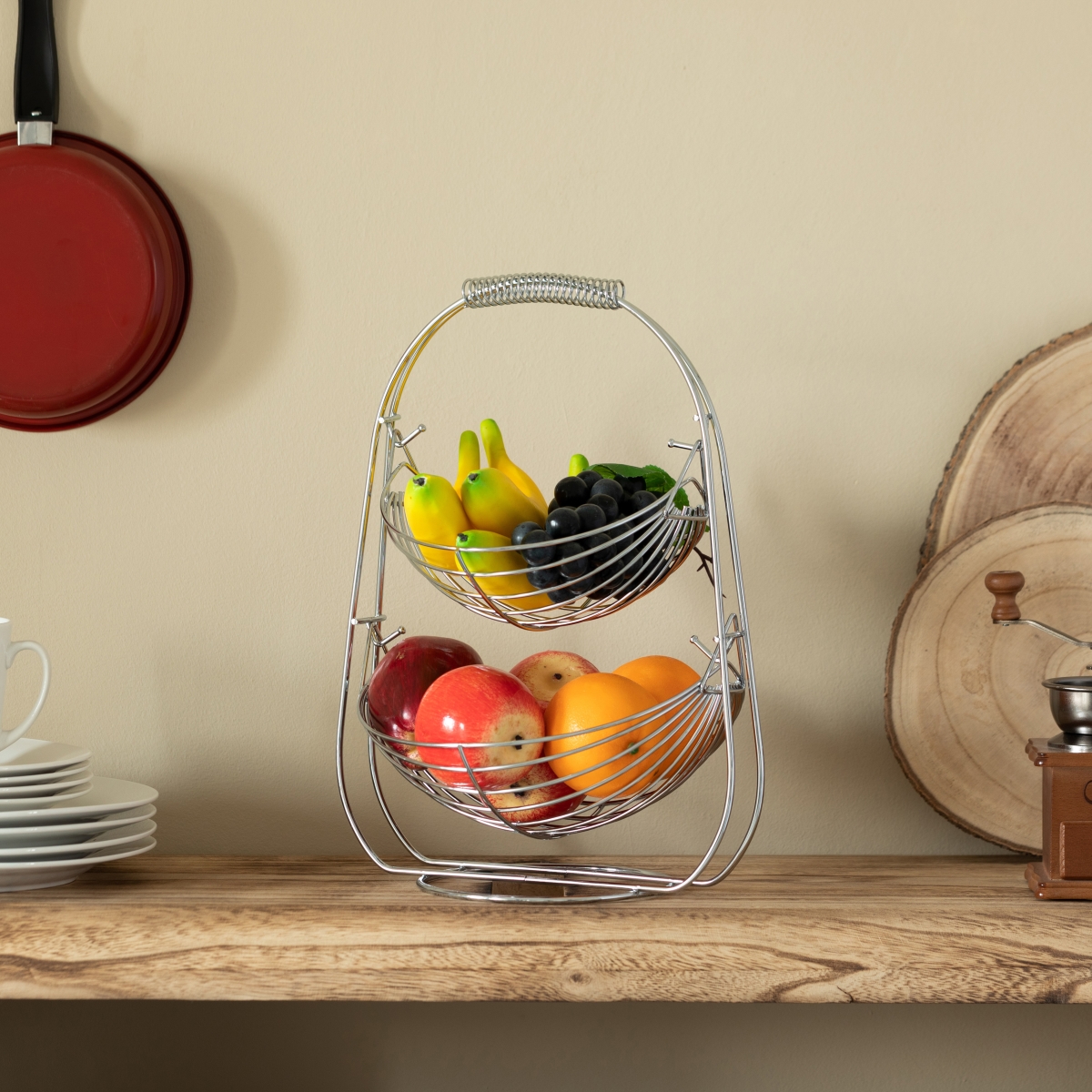Picture of Basicwise QI004474 2 Tier Metal Fruit Holder Swing Basket for Kitchen | Detachable Countertop Vegetables Storage Organizer with Display Hammock Stand for Farmhouse, Living Room, Dining Room