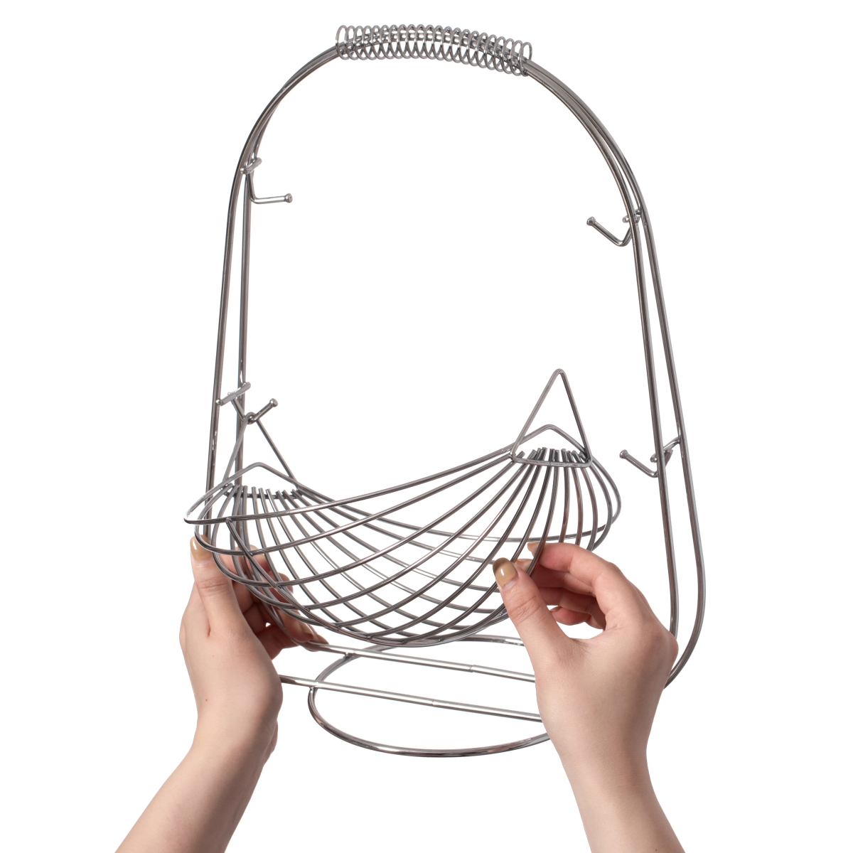 Picture of Basicwise QI004474 2 Tier Metal Fruit Holder Swing Basket for Kitchen | Detachable Countertop Vegetables Storage Organizer with Display Hammock Stand for Farmhouse, Living Room, Dining Room