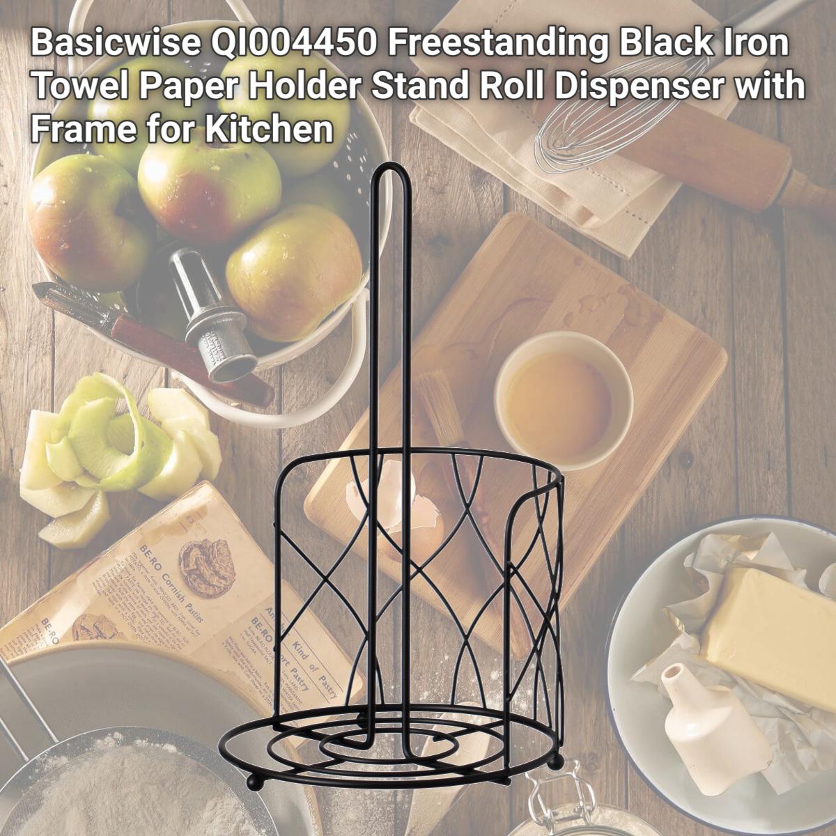 Picture of Basicwise QI004450 Black Iron Paper Towel Holder Stand - Countertop Dispenser with Weighted Non-Slip Base, Raised Frame, Fits Jumbo Rolls, Durable Freestanding Design for Kitchen, Bathroom, 7x7x12.25 in