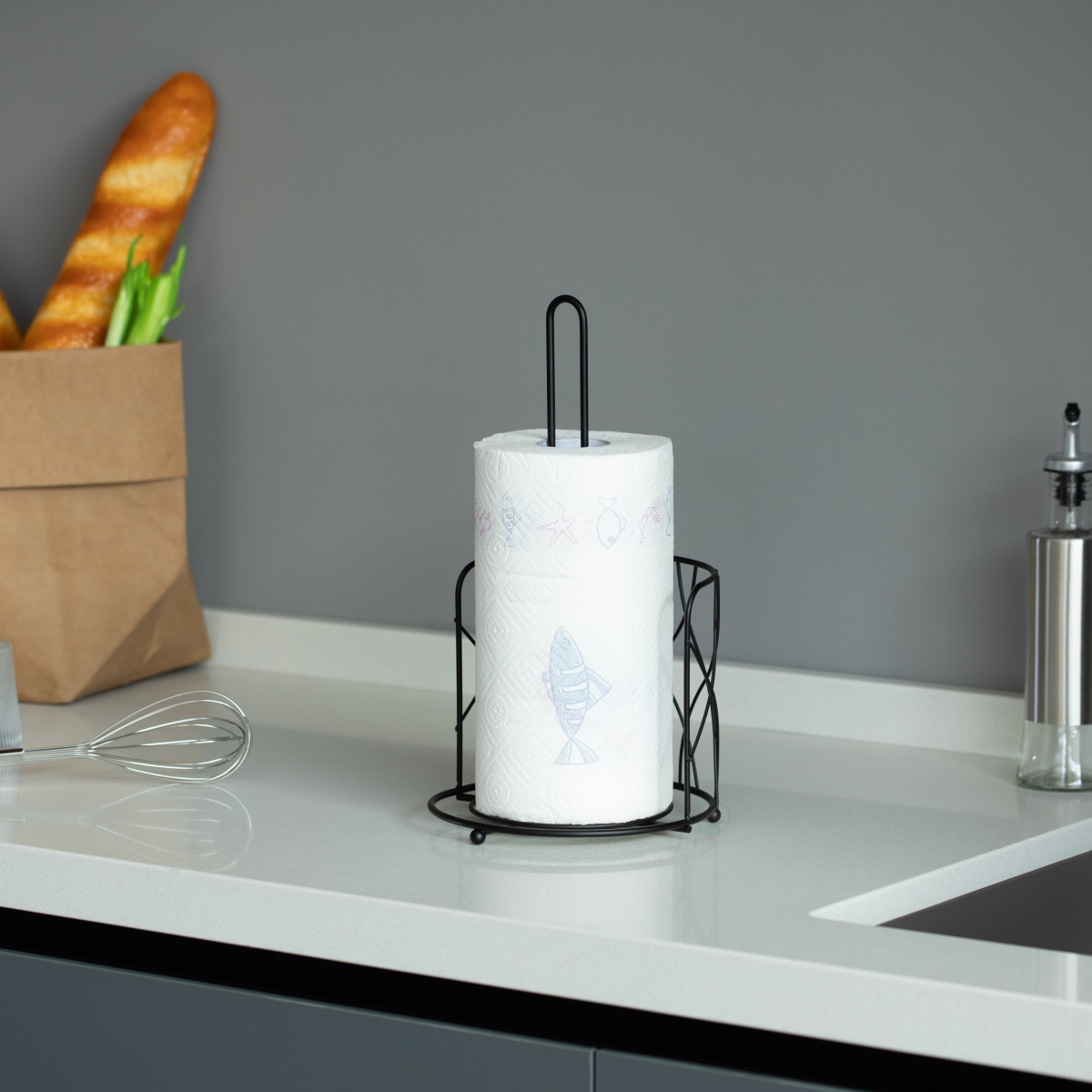 Picture of Basicwise QI004450 Black Iron Paper Towel Holder Stand - Countertop Dispenser with Weighted Non-Slip Base, Raised Frame, Fits Jumbo Rolls, Durable Freestanding Design for Kitchen, Bathroom, 7x7x12.25 in