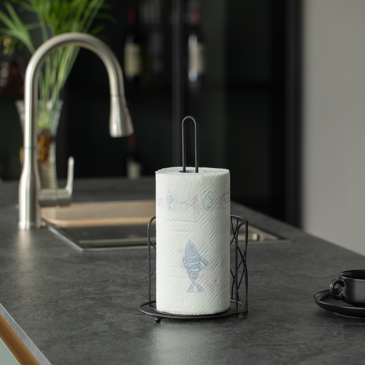 Picture of Basicwise QI004450 Black Iron Paper Towel Holder Stand - Countertop Dispenser with Weighted Non-Slip Base, Raised Frame, Fits Jumbo Rolls, Durable Freestanding Design for Kitchen, Bathroom, 7x7x12.25 in
