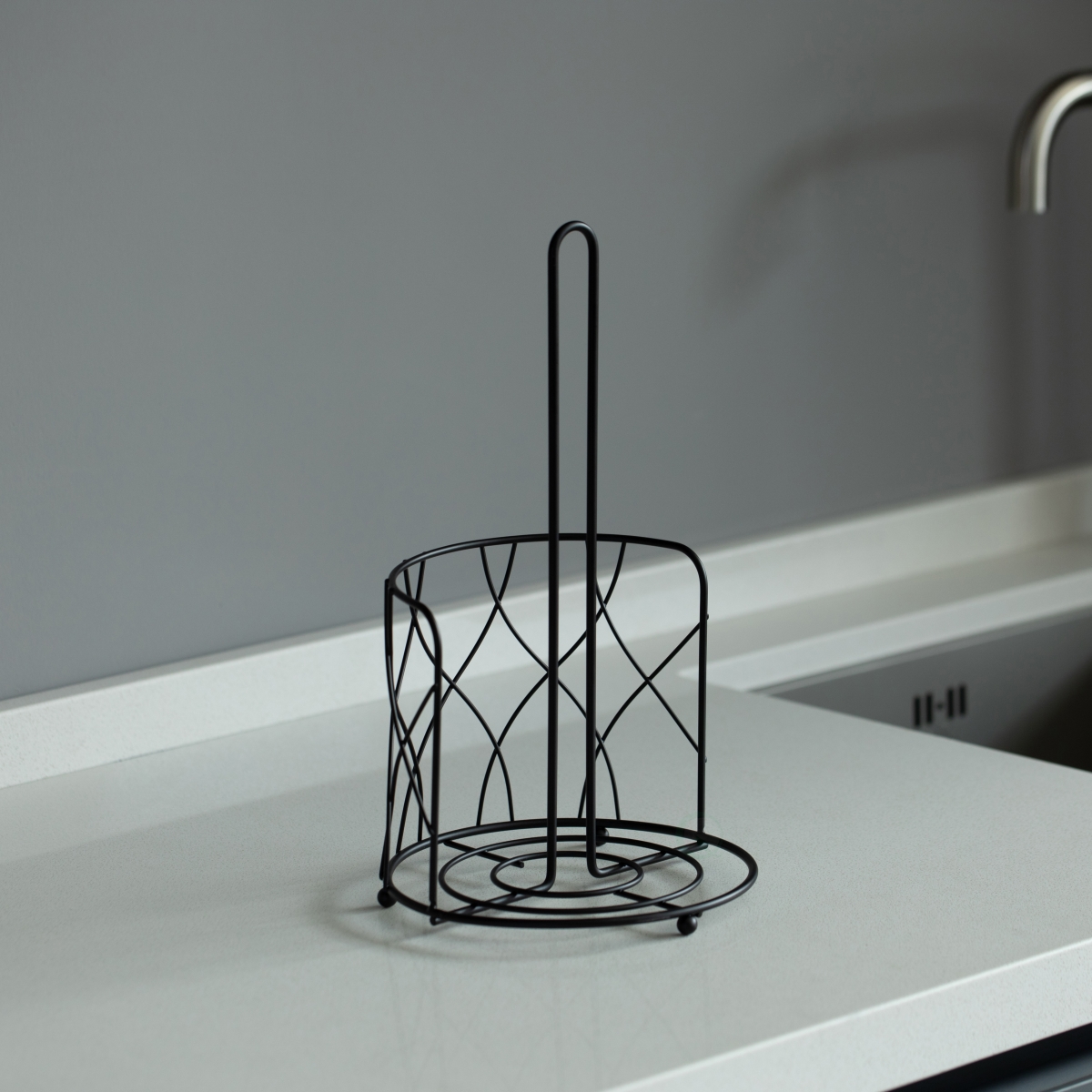 Picture of Basicwise QI004450 Black Iron Paper Towel Holder Stand - Countertop Dispenser with Weighted Non-Slip Base, Raised Frame, Fits Jumbo Rolls, Durable Freestanding Design for Kitchen, Bathroom, 7x7x12.25 in