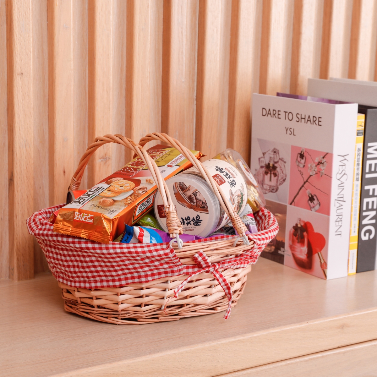 Picture of Wickerwise QI003055R.3 Set of 3 Wicker Willow Picnic Basket with Double Drop - Down Handles - Perfect as Gift basket for all Occasions like Halloween, Thanksgiving and  Easter with Red Liner