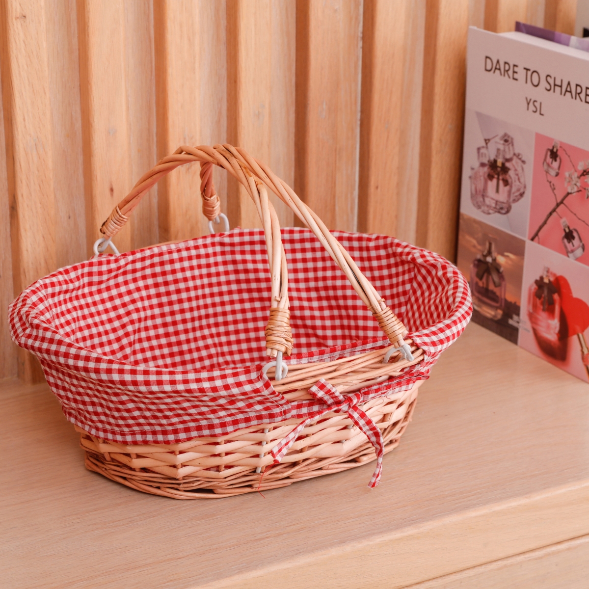 Picture of Wickerwise QI003055R.3 Set of 3 Wicker Willow Picnic Basket with Double Drop - Down Handles - Perfect as Gift basket for all Occasions like Halloween, Thanksgiving and  Easter with Red Liner