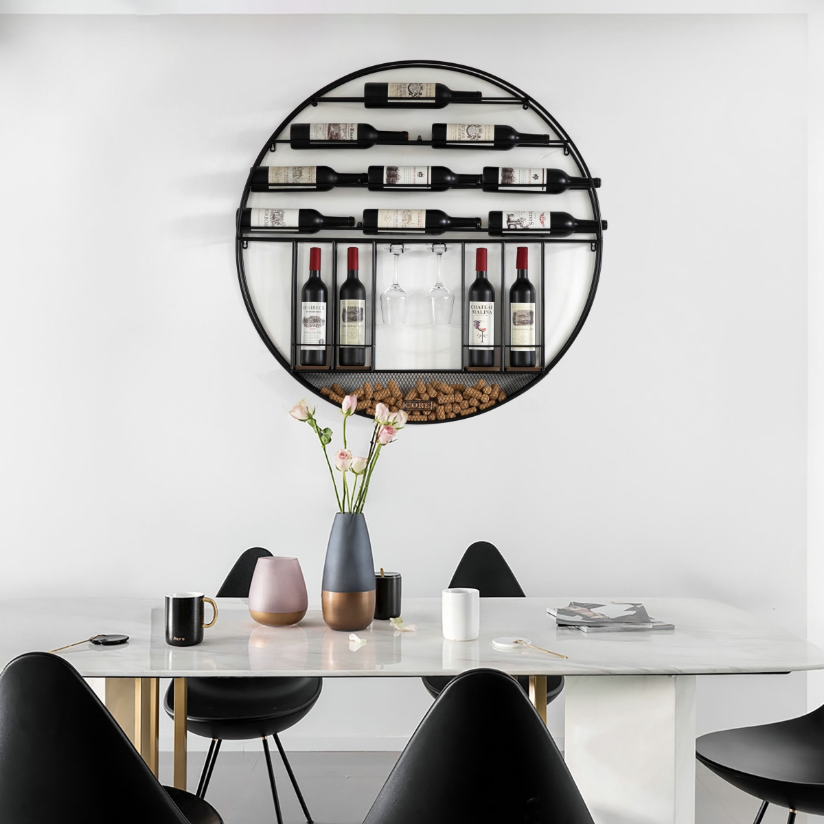 Picture of Vintiquewise QI004276.KD Vintage Decorative Modern Black Metal Round Wall Mounted Wine Display Rack with Cork and Glass Holder