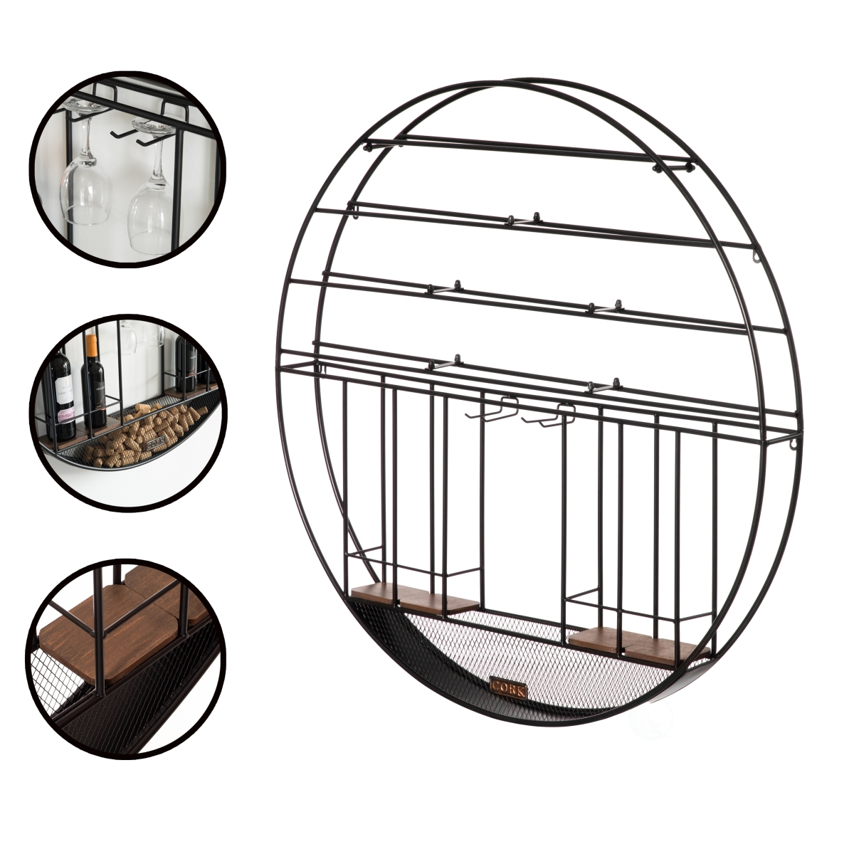 Picture of Vintiquewise QI004276.KD Vintage Decorative Modern Black Metal Round Wall Mounted Wine Display Rack with Cork and Glass Holder