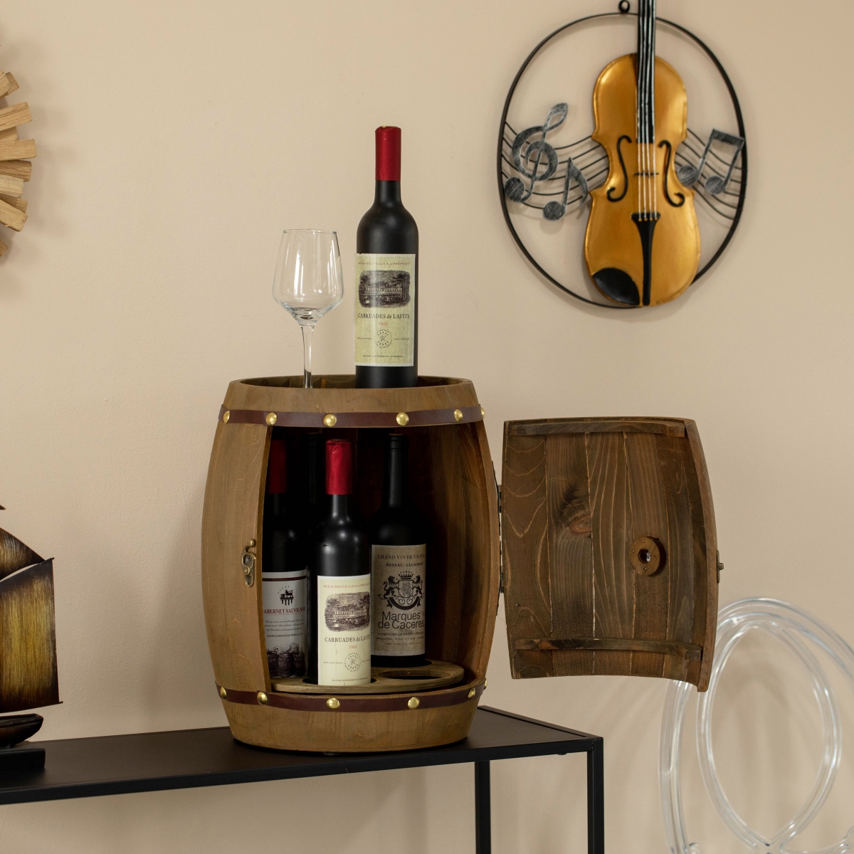 Picture of Vintiquewise QI004652 Vintage Wooden Barrel Shaped Wine Holder with a rotating turntable that allows easy access to your wine for Dining Room, Entryway, or Kitchen