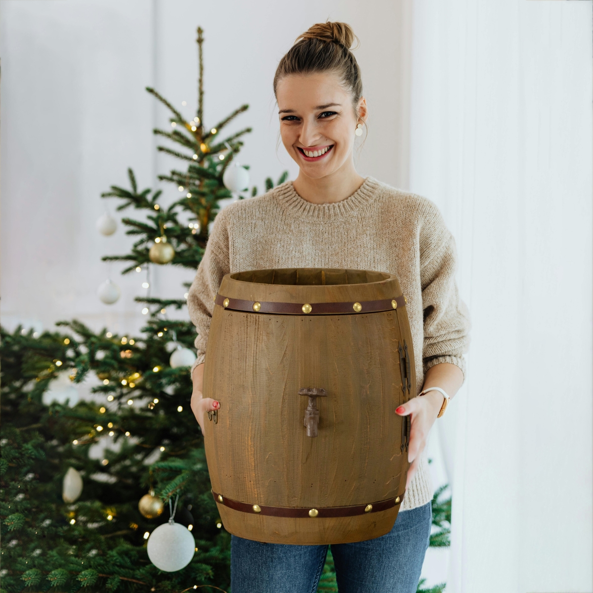 Picture of Vintiquewise QI004652 Vintage Wooden Barrel Shaped Wine Holder with a rotating turntable that allows easy access to your wine for Dining Room, Entryway, or Kitchen