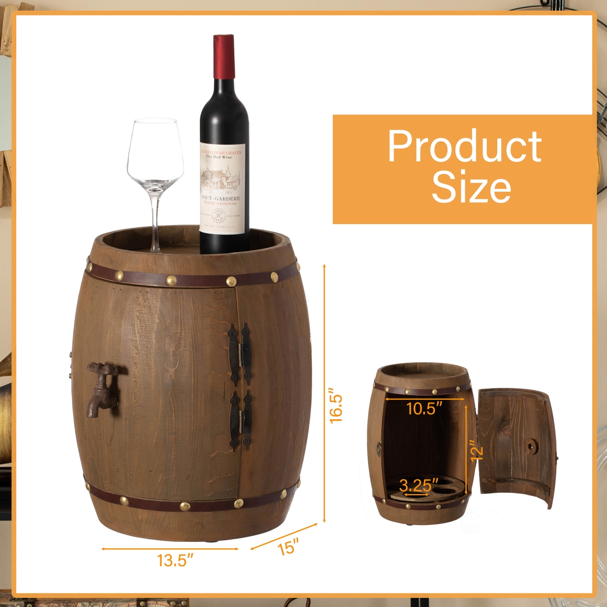 Picture of Vintiquewise QI004652 Vintage Wooden Barrel Shaped Wine Holder with a rotating turntable that allows easy access to your wine for Dining Room, Entryway, or Kitchen