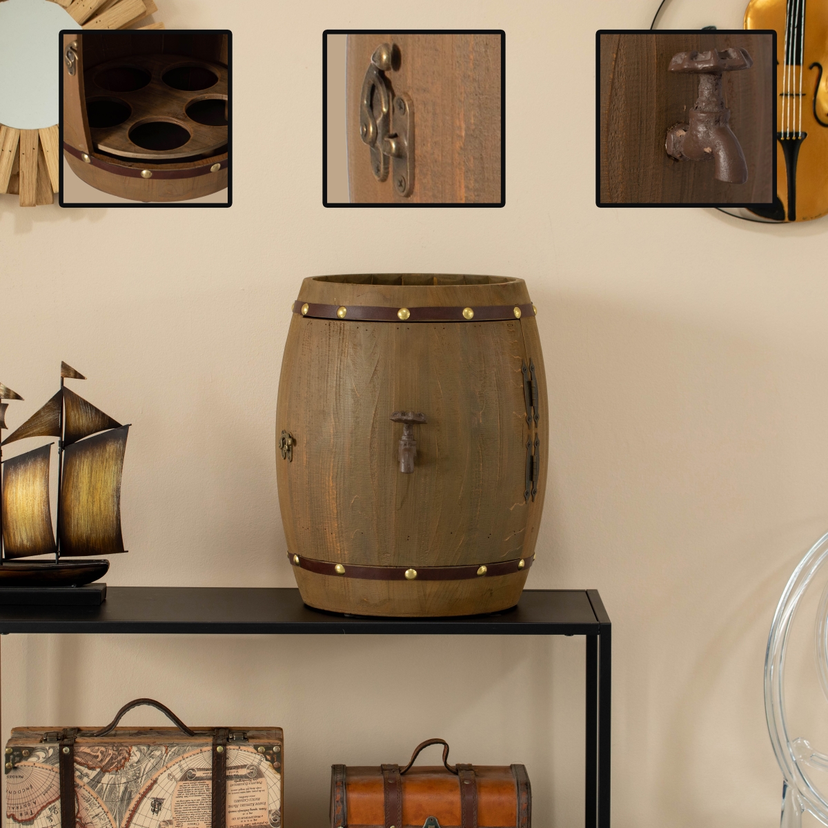 Picture of Vintiquewise QI004652 Vintage Wooden Barrel Shaped Wine Holder with a rotating turntable that allows easy access to your wine for Dining Room, Entryway, or Kitchen