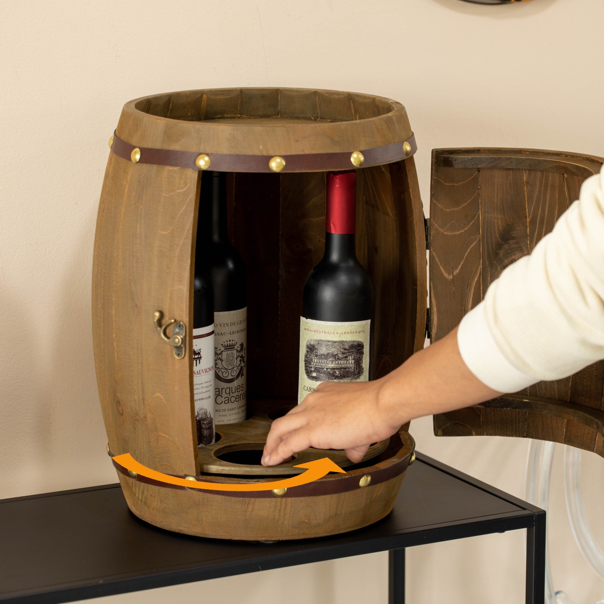 Picture of Vintiquewise QI004652 Vintage Wooden Barrel Shaped Wine Holder with a rotating turntable that allows easy access to your wine for Dining Room, Entryway, or Kitchen