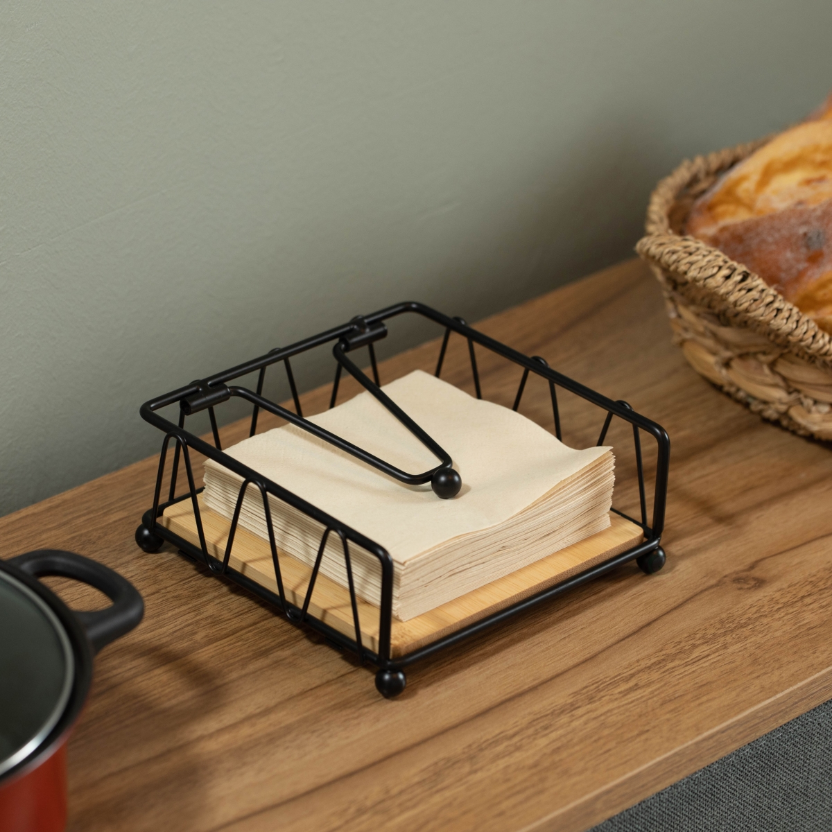 Picture of Basicwise QI004650 Flat Metal Square Napkin Holder with Weighted Arm and a Wooden Tray Perfect for Adorning Dining Table, Kitchen Countertop and Napkin Holder for Bathroom also Good for Outdoor Table at Restaurant