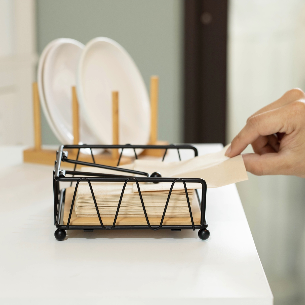 Picture of Basicwise QI004650 Flat Metal Square Napkin Holder with Weighted Arm and a Wooden Tray Perfect for Adorning Dining Table, Kitchen Countertop and Napkin Holder for Bathroom also Good for Outdoor Table at Restaurant