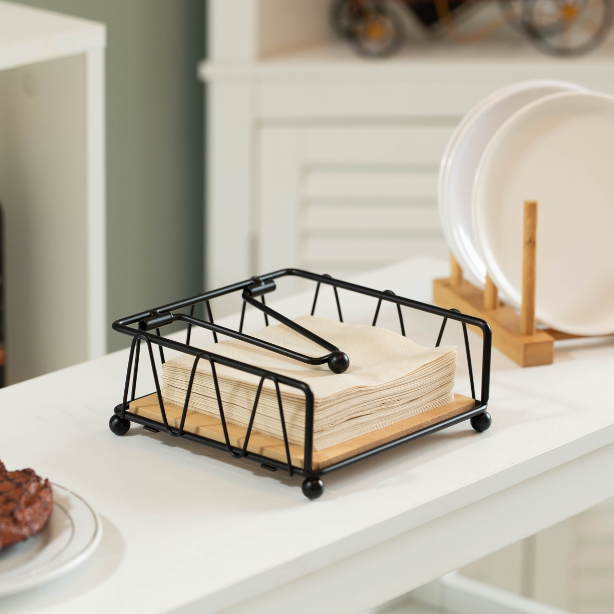 Picture of Basicwise QI004650 Flat Metal Square Napkin Holder with Weighted Arm and a Wooden Tray Perfect for Adorning Dining Table, Kitchen Countertop and Napkin Holder for Bathroom also Good for Outdoor Table at Restaurant