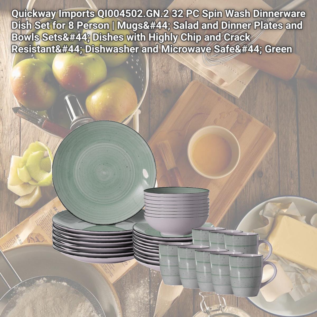 Picture of Quickway Imports QI004502.GN.2 32 PC Spin Wash Dinnerware Dish Set for 8 Person | Mugs, Salad and Dinner Plates and Bowls Sets, Dishes with Highly Chip and Crack Resistant, Dishwasher and Microwave Safe, Green