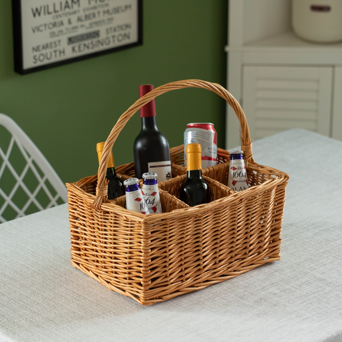Picture of Wickerwise QI004719 6 Bottle Wine and Beverage Wicker Tote Basket Perfect for Beer, Champagne, Bar Accessories, Home Bars, and Picnics, Brown