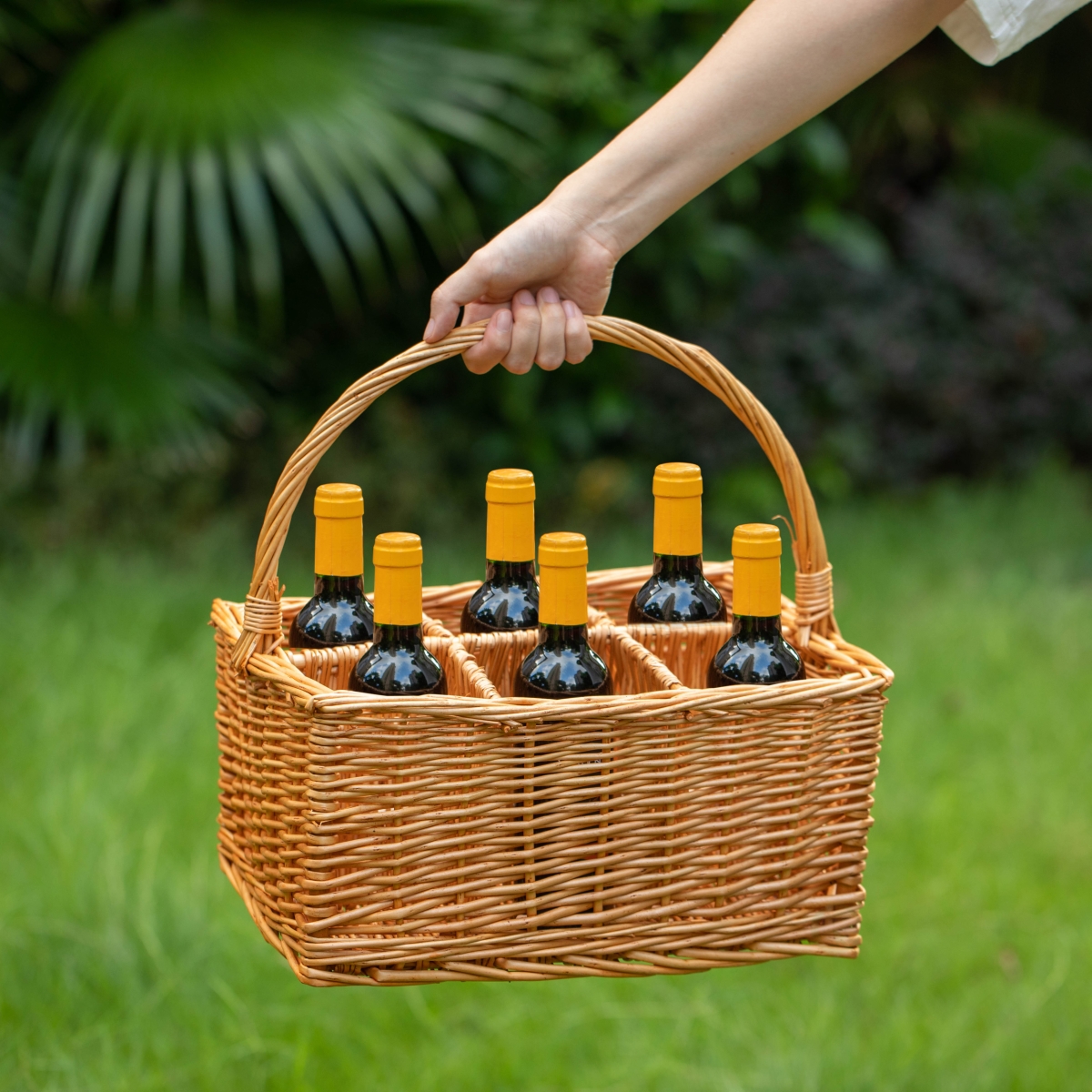 Picture of Wickerwise QI004719 6 Bottle Wine and Beverage Wicker Tote Basket Perfect for Beer, Champagne, Bar Accessories, Home Bars, and Picnics, Brown