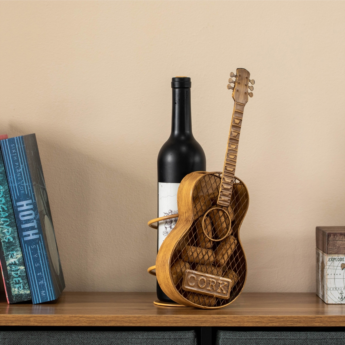 Picture of Vintiquewise QI004681 Vintiquewise Decorative Metal Guitar Shape Wine Bottle and Cork Holder  a Unique Home Decor Piece and Countertop Accessory, Great Collection for Wine Lovers