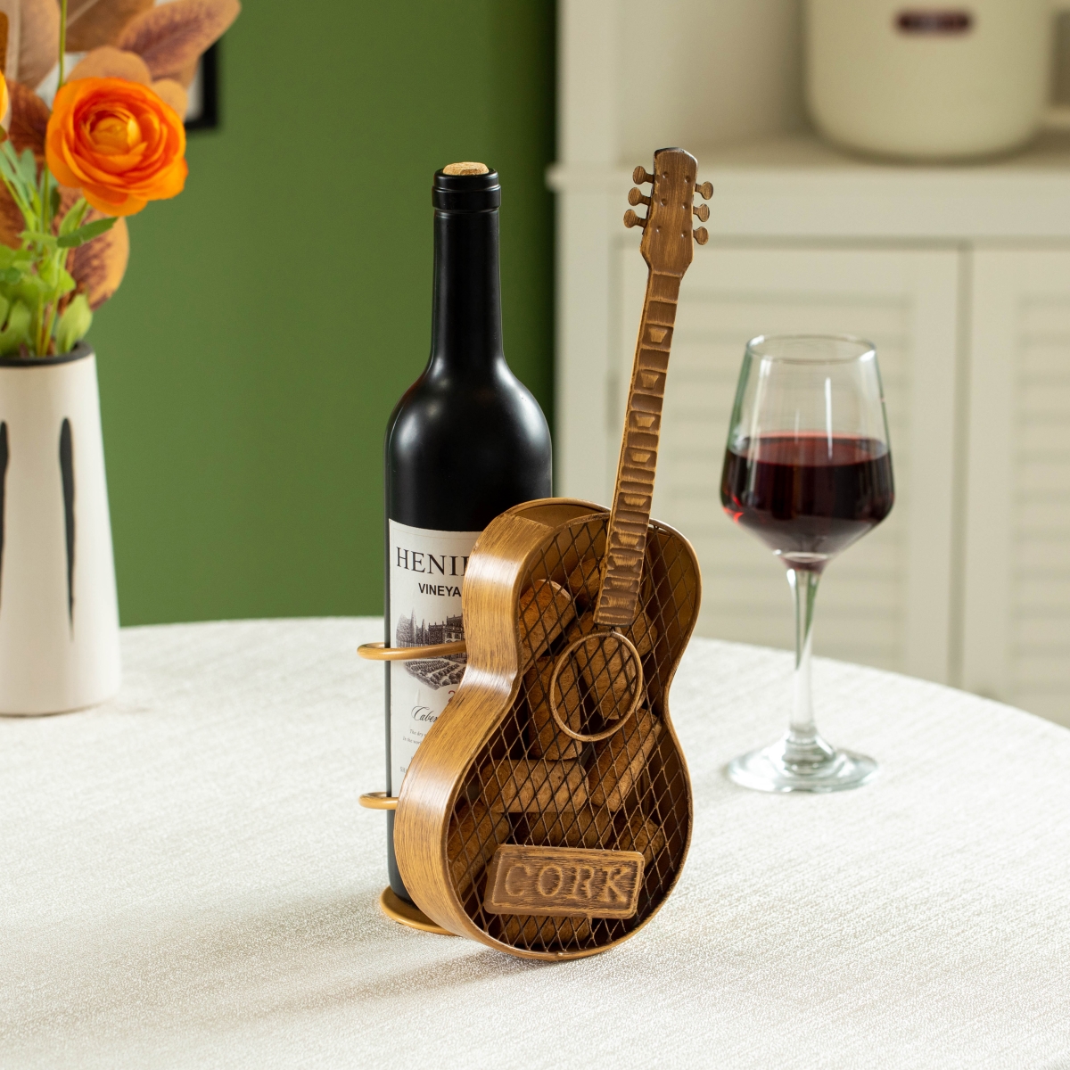 Picture of Vintiquewise QI004681 Vintiquewise Decorative Metal Guitar Shape Wine Bottle and Cork Holder  a Unique Home Decor Piece and Countertop Accessory, Great Collection for Wine Lovers