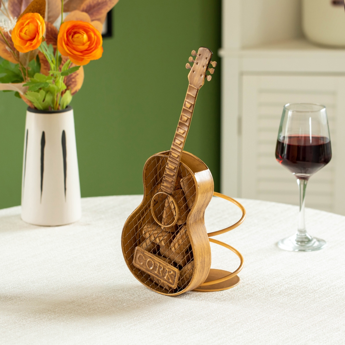 Picture of Vintiquewise QI004681 Vintiquewise Decorative Metal Guitar Shape Wine Bottle and Cork Holder  a Unique Home Decor Piece and Countertop Accessory, Great Collection for Wine Lovers