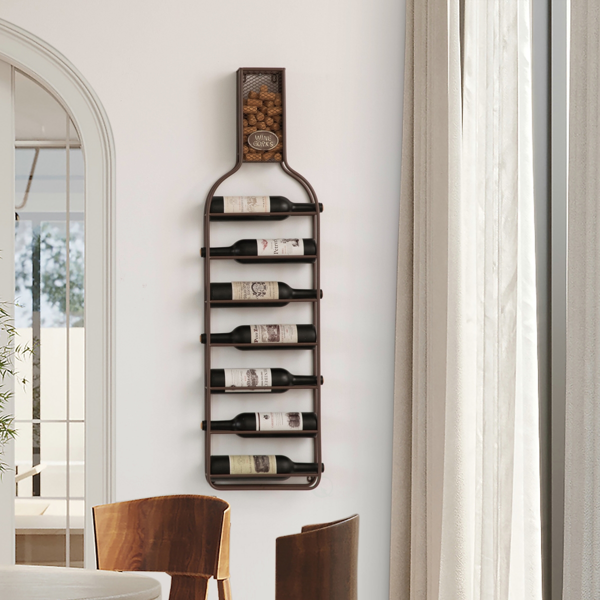 Picture of Vintiquewise QI004683 Vintiquewise Decorative Wall-Mounted 7-bottle Metal Wine Rack with Mesh Cork Catcher, Stylish Champagne, White, and Red Wine Storage