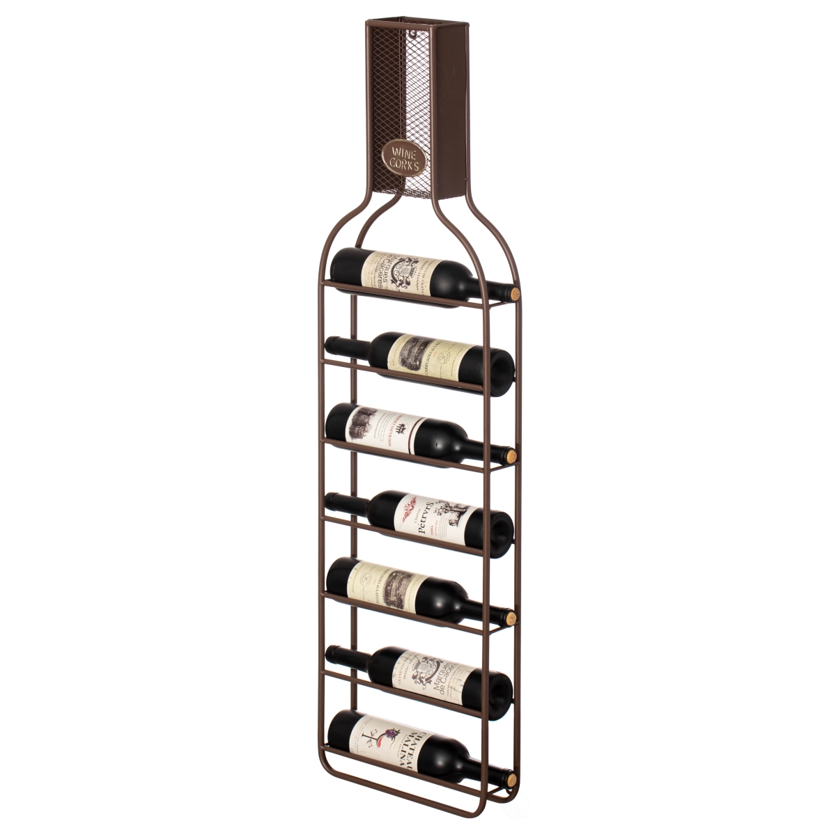 Picture of Vintiquewise QI004683 Vintiquewise Decorative Wall-Mounted 7-bottle Metal Wine Rack with Mesh Cork Catcher, Stylish Champagne, White, and Red Wine Storage