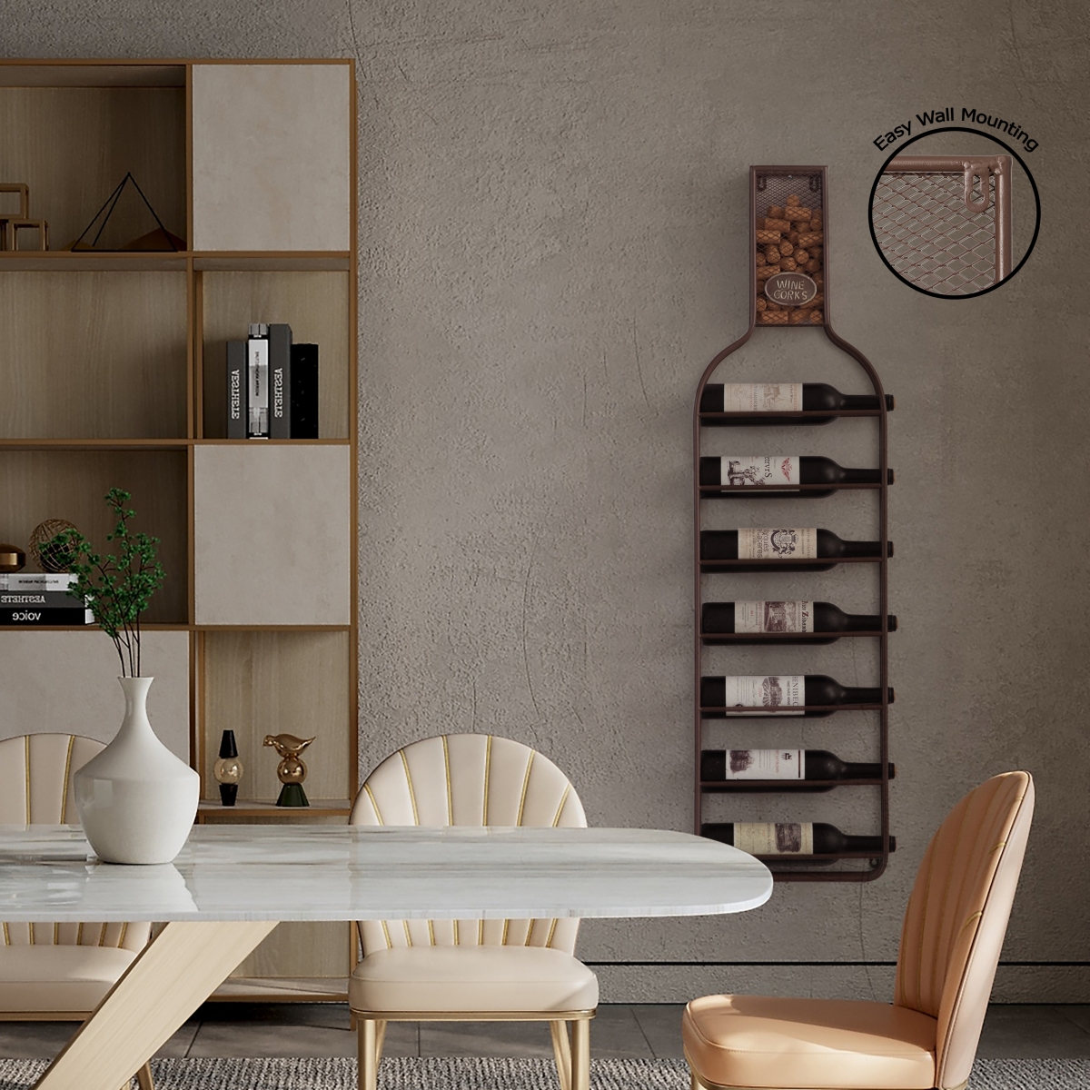 Picture of Vintiquewise QI004683 Vintiquewise Decorative Wall-Mounted 7-bottle Metal Wine Rack with Mesh Cork Catcher, Stylish Champagne, White, and Red Wine Storage