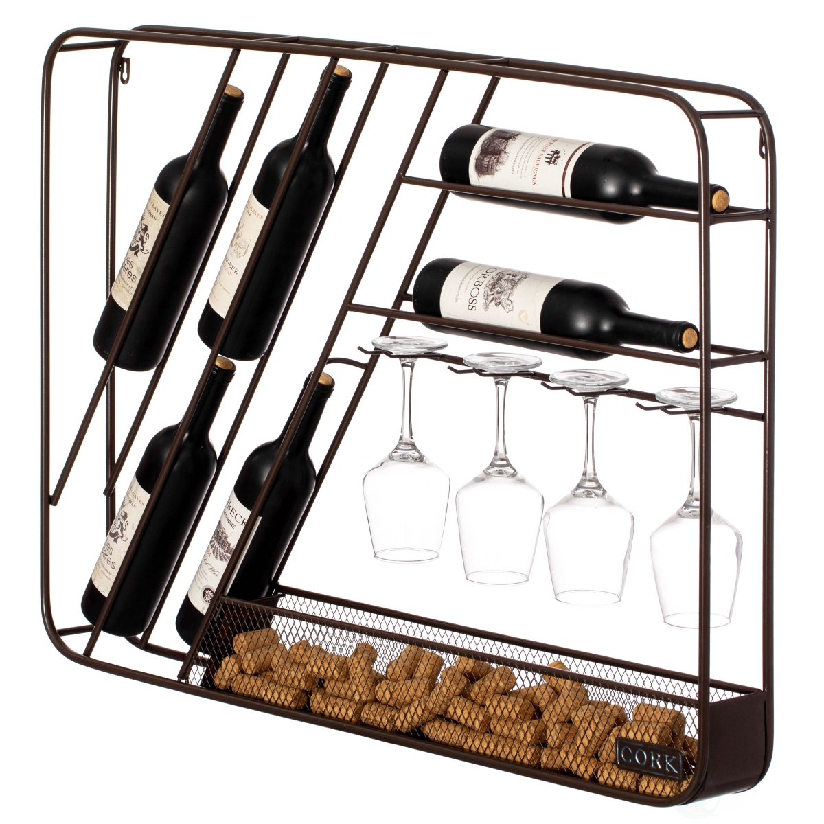 Picture of Vintiquewise QI004685 Vintiquewise Vintage-Inspired Decorative Metal Wall-Mounted Wine Rack with Cork and Wine Glass Holder, Featuring a Floor standing Display Option for Versatile Storage, Brown