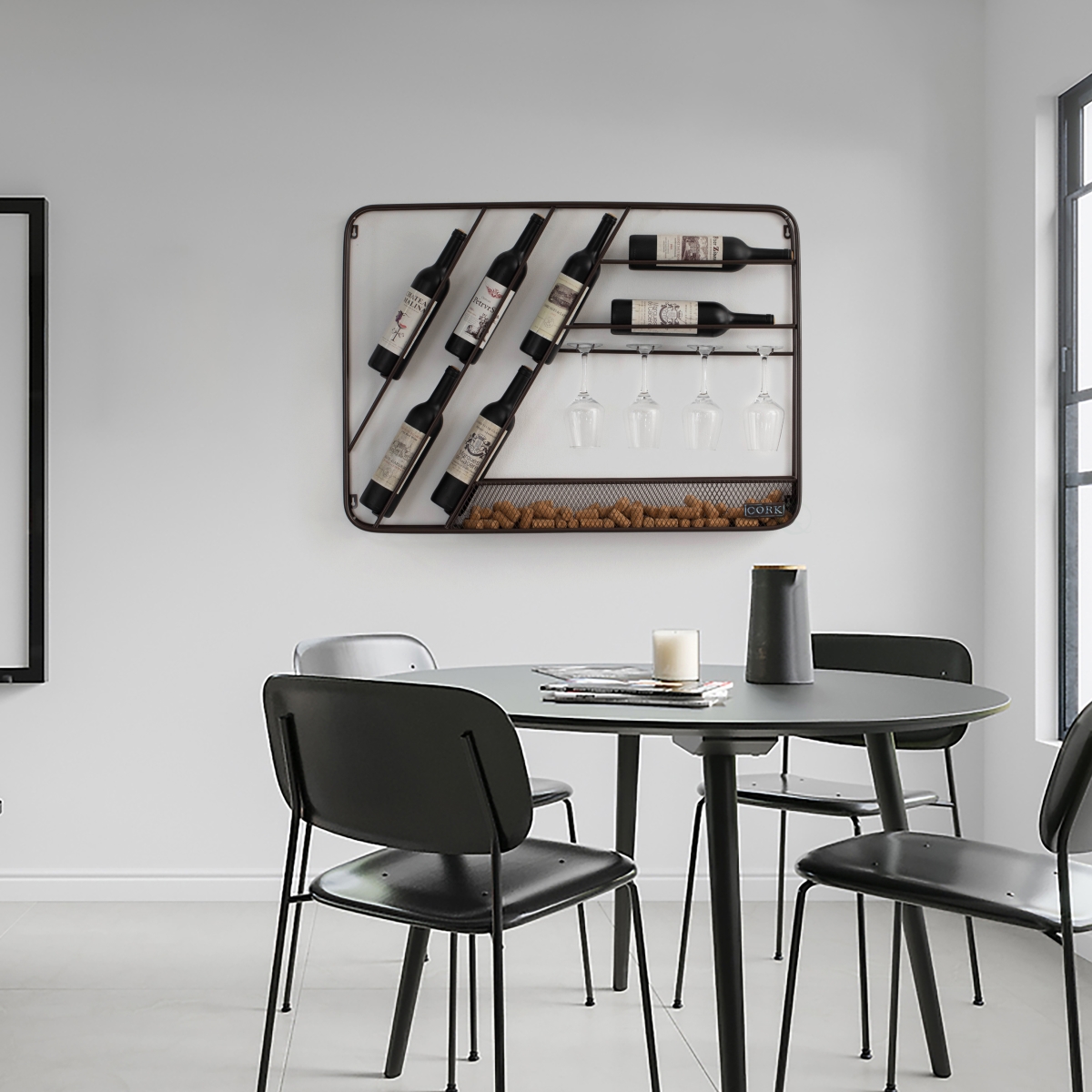 Picture of Vintiquewise QI004685 Vintiquewise Vintage-Inspired Decorative Metal Wall-Mounted Wine Rack with Cork and Wine Glass Holder, Featuring a Floor standing Display Option for Versatile Storage, Brown