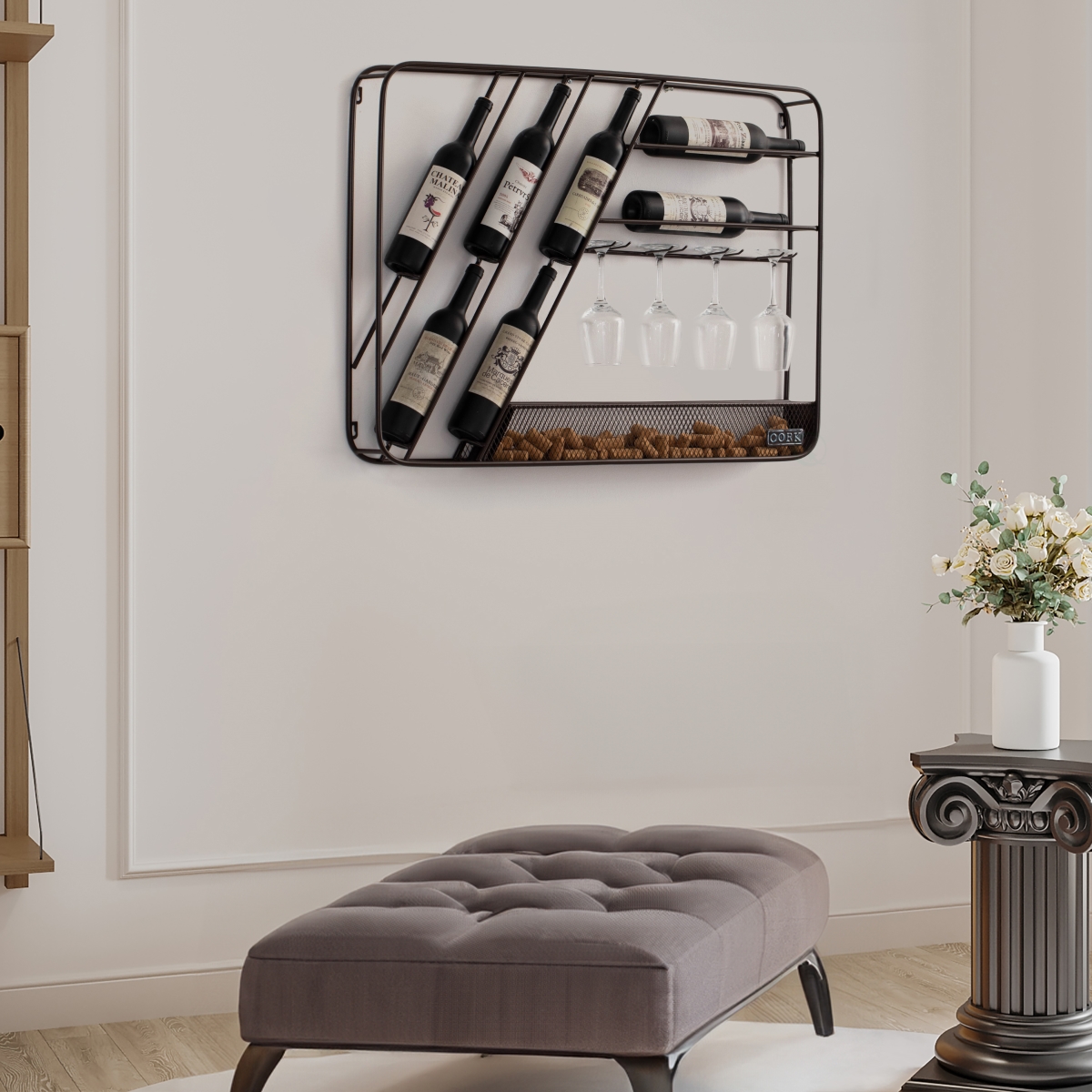Picture of Vintiquewise QI004685 Vintiquewise Vintage-Inspired Decorative Metal Wall-Mounted Wine Rack with Cork and Wine Glass Holder, Featuring a Floor standing Display Option for Versatile Storage, Brown