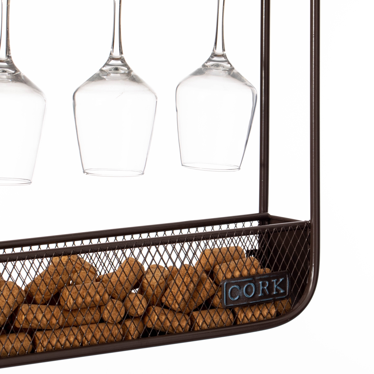 Picture of Vintiquewise QI004685 Vintiquewise Vintage-Inspired Decorative Metal Wall-Mounted Wine Rack with Cork and Wine Glass Holder, Featuring a Floor standing Display Option for Versatile Storage, Brown