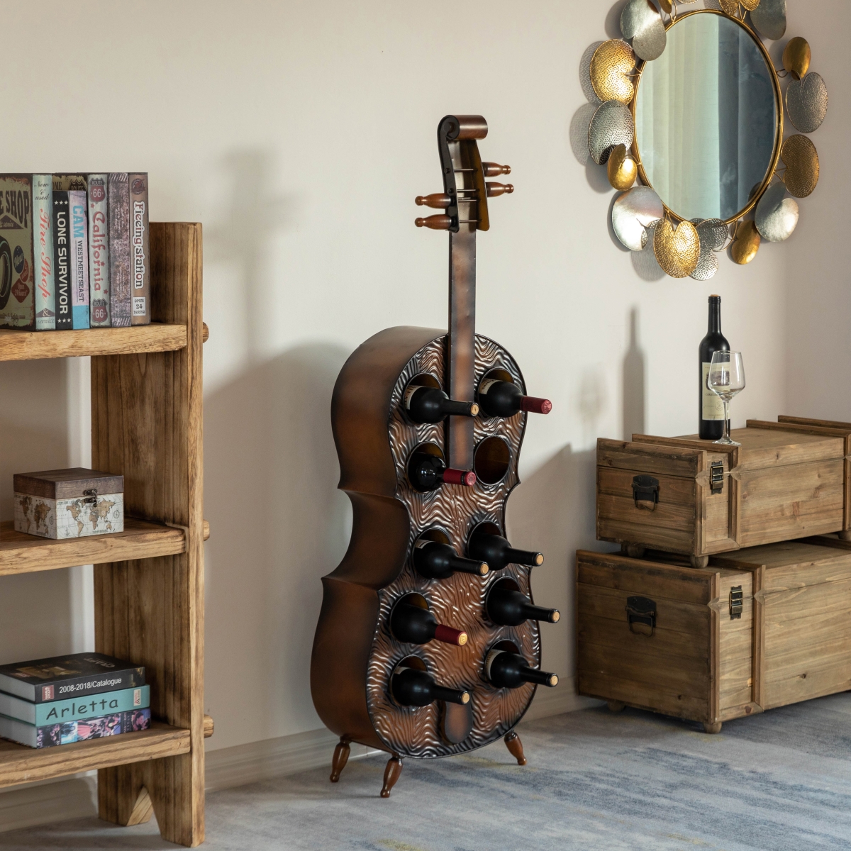 Picture of Vintiquewise QI004779 Vintiquewise Cello-Shaped Wine Holder 10-Bottle Freestanding Metal Rack Vintage Decorative Storage Organizer Musical Ornament Display Stand