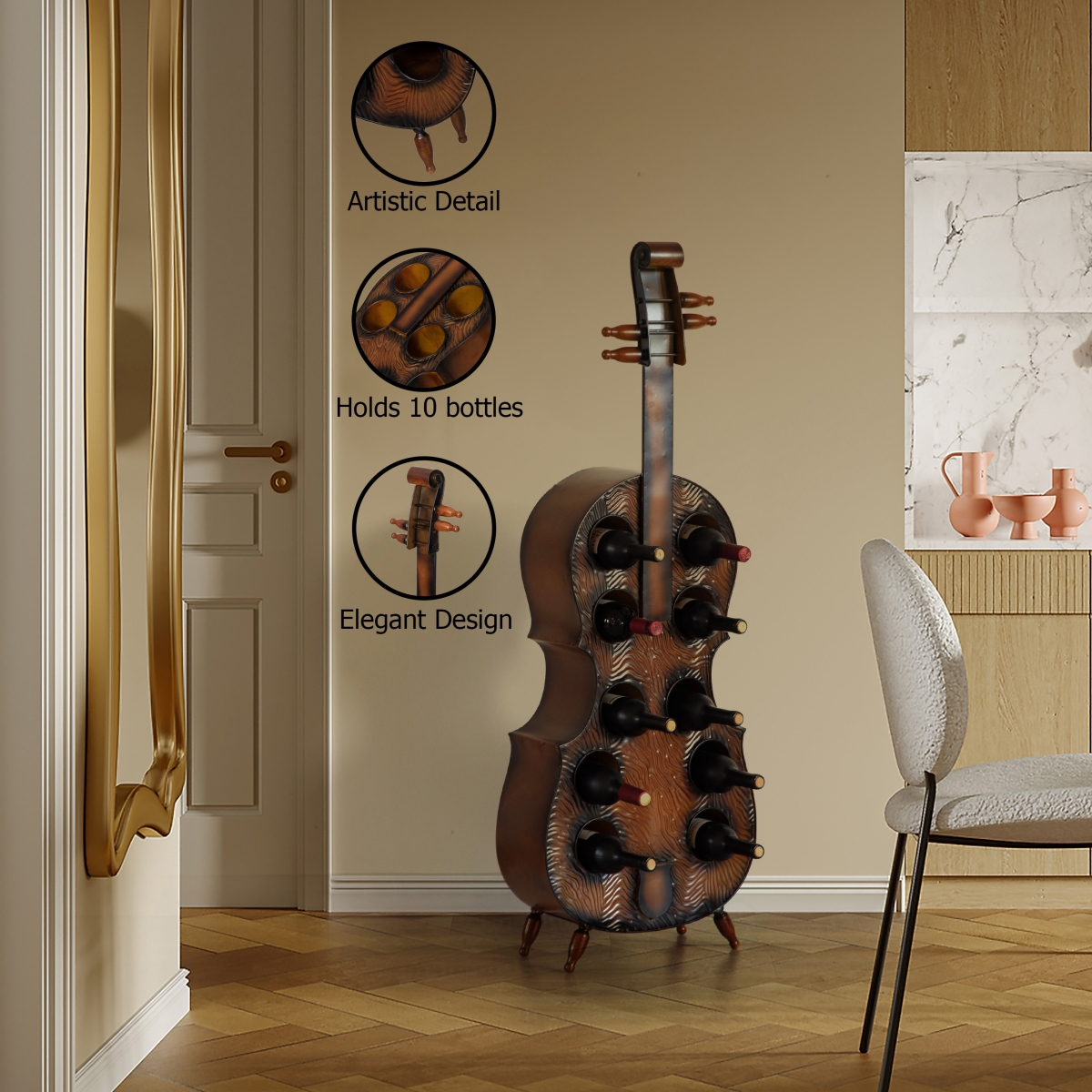 Picture of Vintiquewise QI004779 Vintiquewise Cello-Shaped Wine Holder 10-Bottle Freestanding Metal Rack Vintage Decorative Storage Organizer Musical Ornament Display Stand