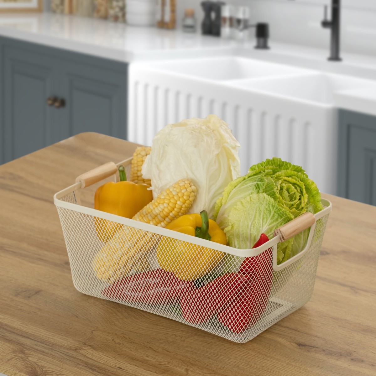 Picture of Basicwise QI004824.WT.M.3 Basicwise Set of 3 Medium Multipurpose Metal Mesh Basket with Wooden Handle Storage Organizers for Kitchen Bathroom Cabinet Closet