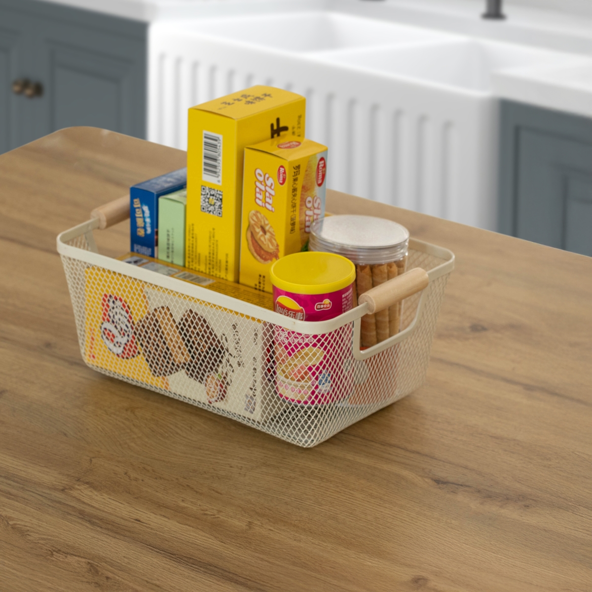 Picture of Basicwise QI004824.WT.M.3 Basicwise Set of 3 Medium Multipurpose Metal Mesh Basket with Wooden Handle Storage Organizers for Kitchen Bathroom Cabinet Closet