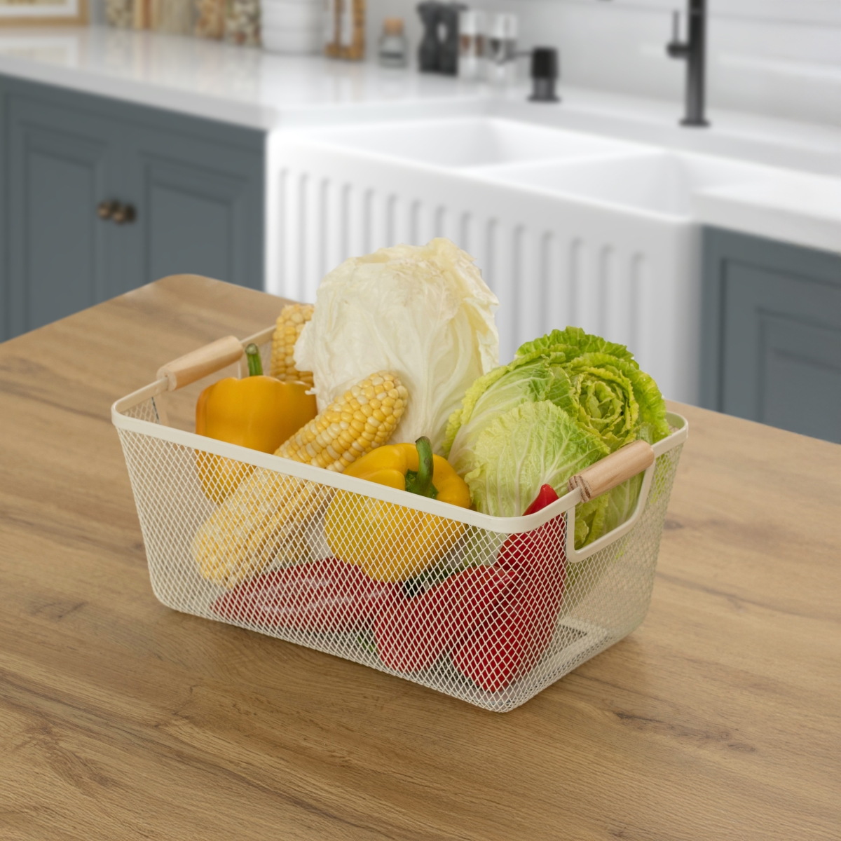 Picture of Basicwise QI004824.WT.L.3 Basicwise Set of 3 Large Multipurpose Metal Mesh Basket with Wooden Handle Storage Organizers for Kitchen Bathroom Cabinet Closet