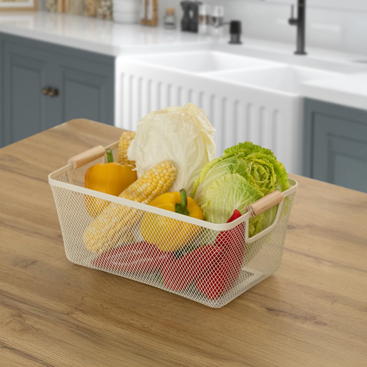 Picture of Basicwise QI004824.WT.S Basicwise Multipurpose Metal Mesh Basket with Wooden Handle Storage Organizer for Kitchen Pantry Bathroom Cabinet Closet, Small