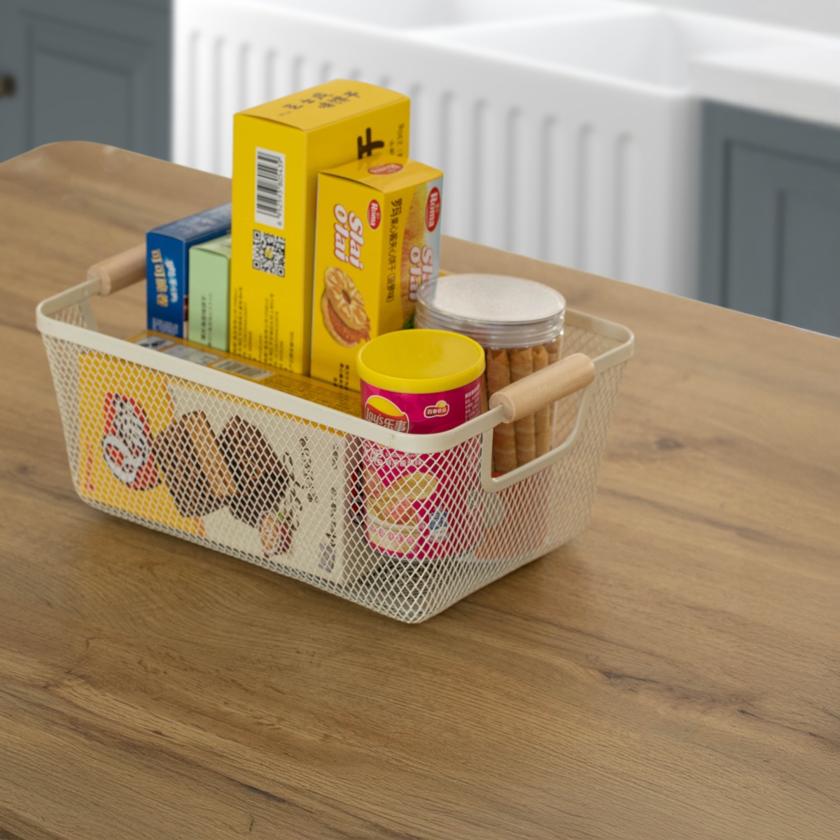 Picture of Basicwise QI004824.WT.S Basicwise Multipurpose Metal Mesh Basket with Wooden Handle Storage Organizer for Kitchen Pantry Bathroom Cabinet Closet, Small