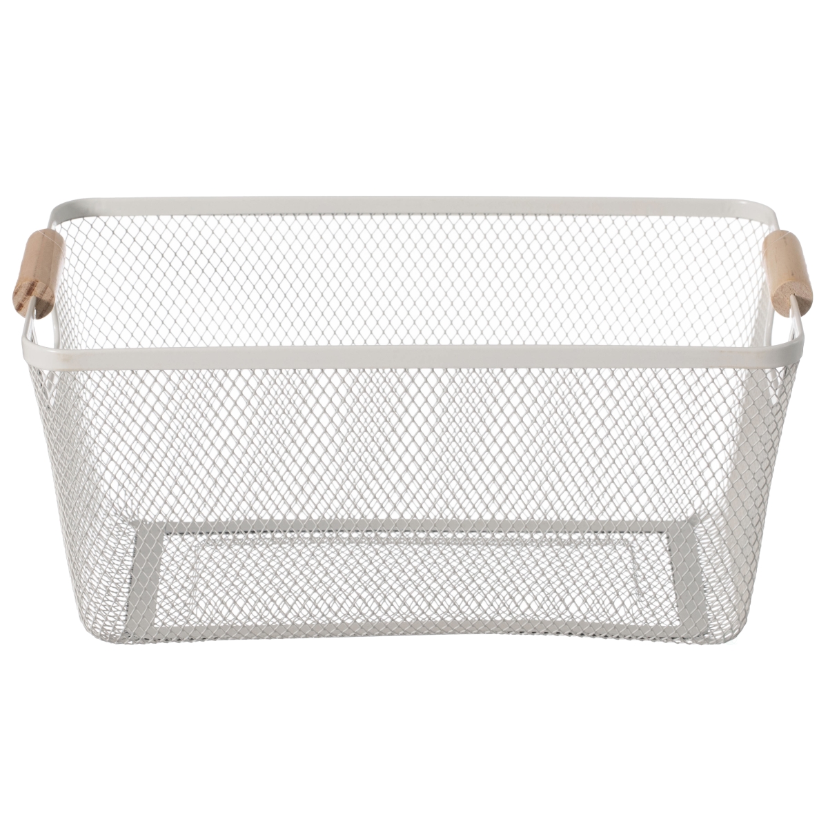 Picture of Basicwise QI004824.WT.S Basicwise Multipurpose Metal Mesh Basket with Wooden Handle Storage Organizer for Kitchen Pantry Bathroom Cabinet Closet, Small