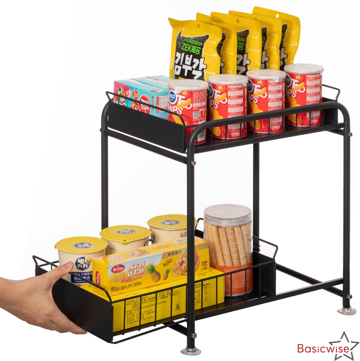 QI004858.BK Under Sink Organizer Sliding Wire Baskets Adjustable 2-Tier Metal Storage Rack for Bathroom