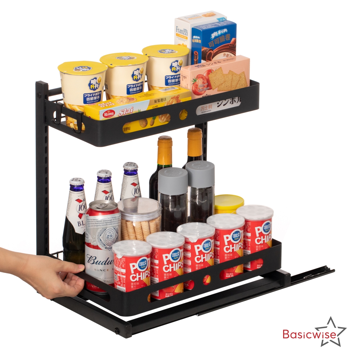 QI004857.BK Adjustable Height Under Sink Pull-Out Organizer 2-Tier Sliding Shelf Rack Heavy-Duty Mesh Baskets