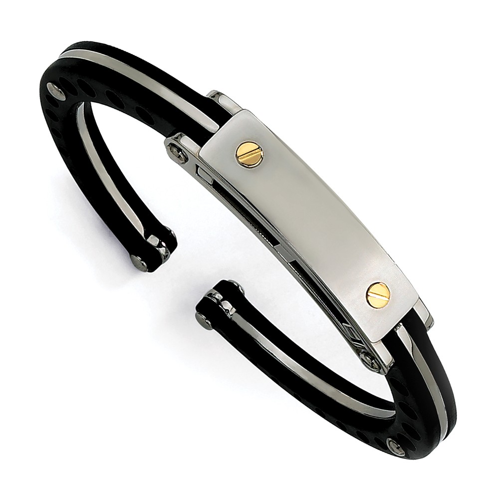 Srb235 Stainless Steel Black Pvc 18k Gold Accent Hinged Bangle