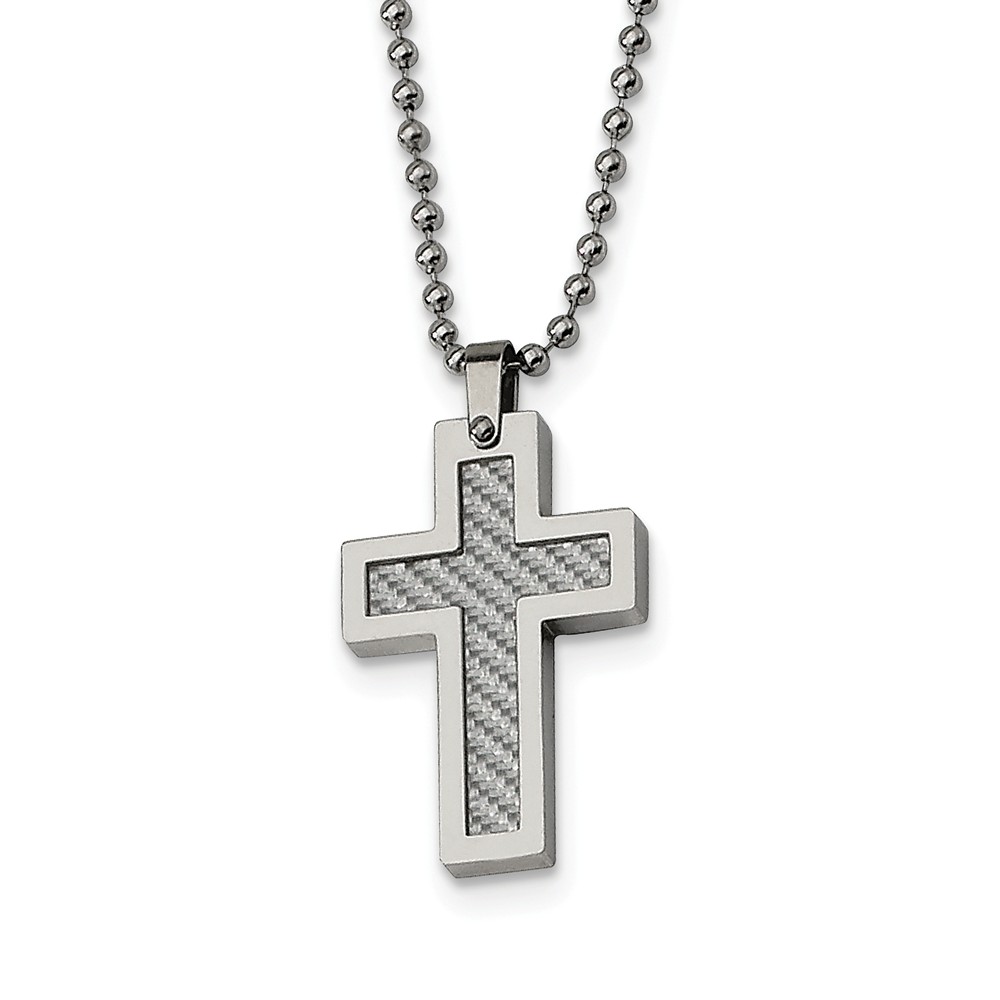 Srn101-22 Stainless Steel Polished With Grey Carbon Fiber Inlay Cross 22 In. Necklace